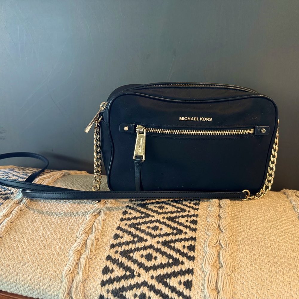 Michael Kors Black Nylon Purse with Gold Chain Accent Strap